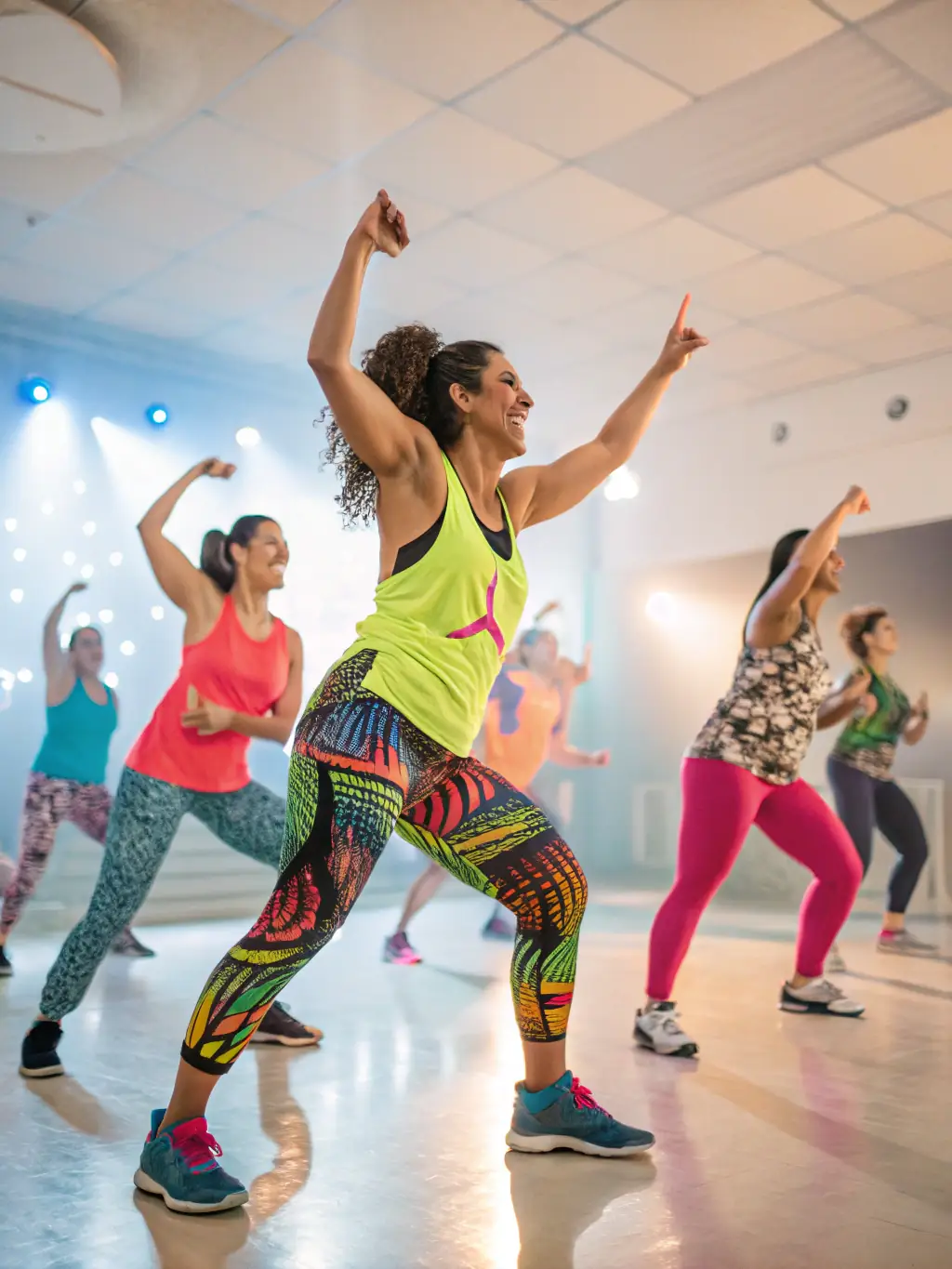 A lively group class with participants following an instructor in a spacious studio, showcasing energy and enthusiasm.