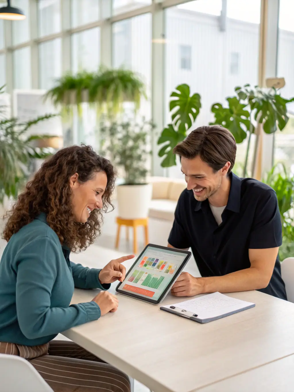 A wellness coach discussing nutrition plans with a client in a comfortable setting, emphasizing healthy eating habits.