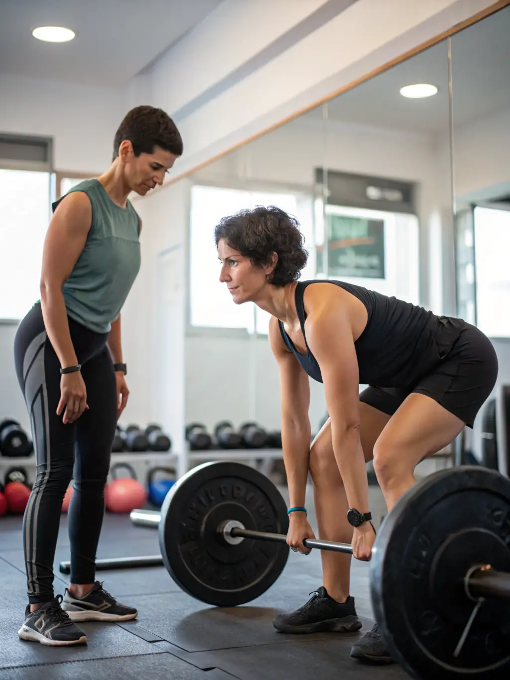 A personal trainer guiding a client through a weightlifting session in a well-equipped gym, focusing on proper form and technique.