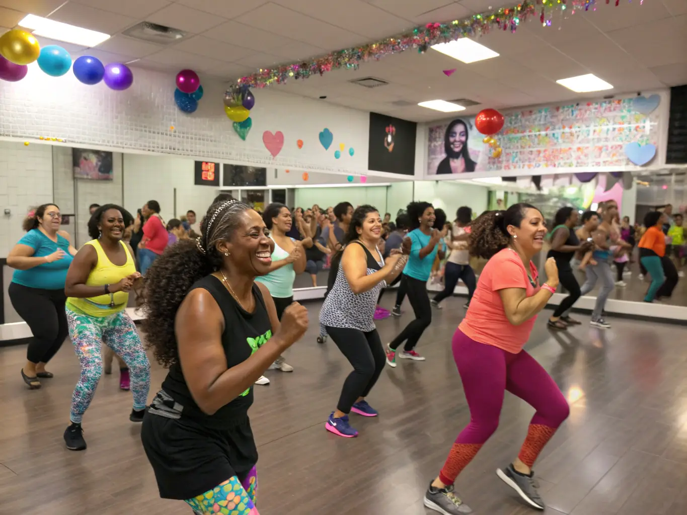 A diverse group of people participating in a high-energy Zumba class, led by an enthusiastic instructor in a spacious studio with vibrant lighting. The atmosphere is lively and motivating.