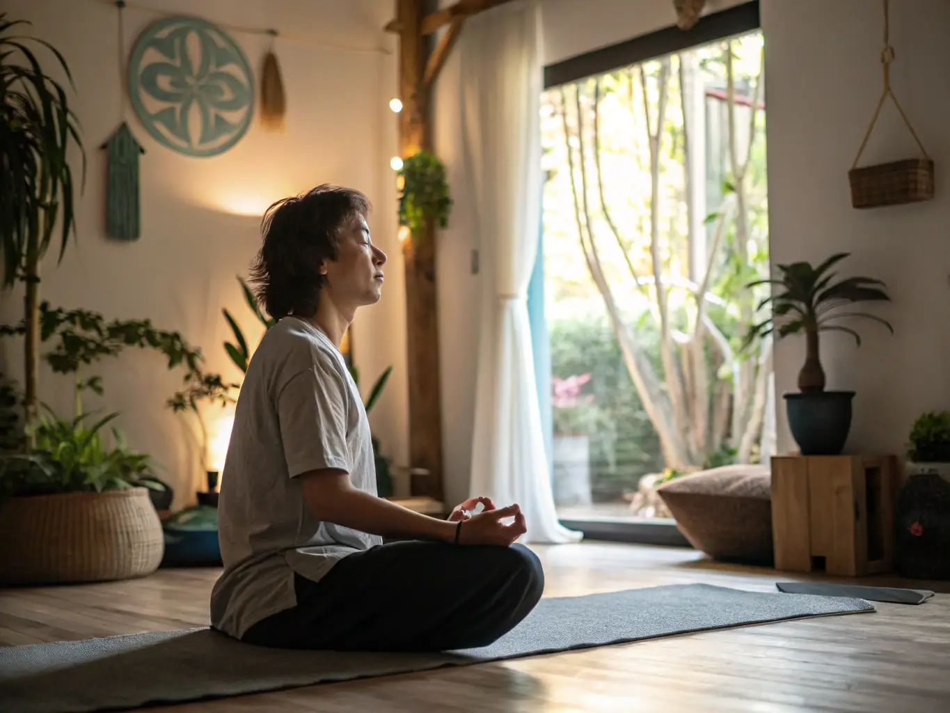 A serene image of a person meditating in a peaceful studio setting, surrounded by plants and soft lighting. The focus is on holistic wellness and mental health.